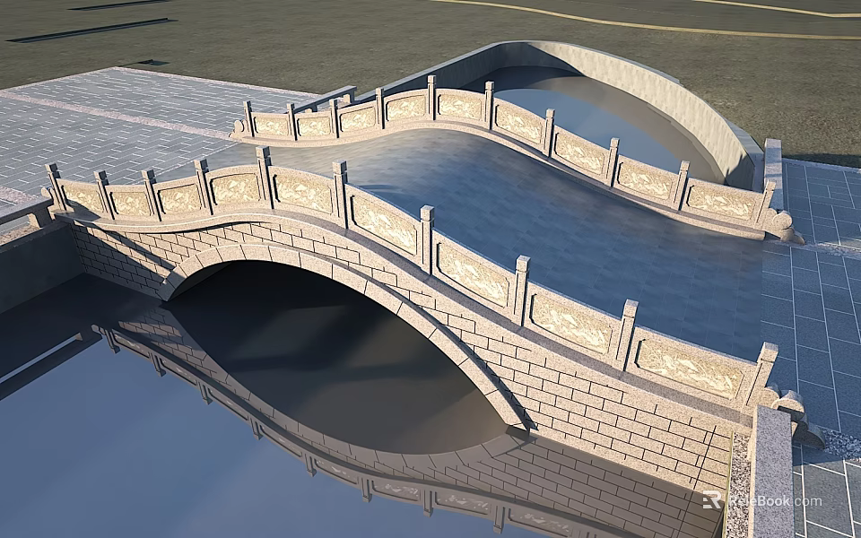 Garden Landscape Featuring Stone Bridge With Carved Railings And Water Reflections 3d model 