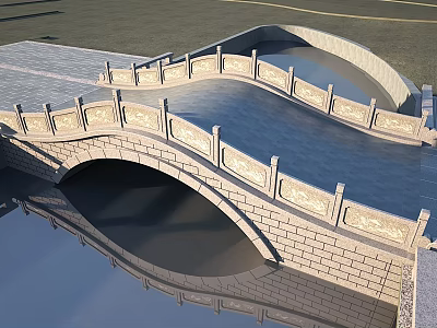 Garden Landscape Featuring Stone Bridge With Carved Railings And Water Reflections 3d model