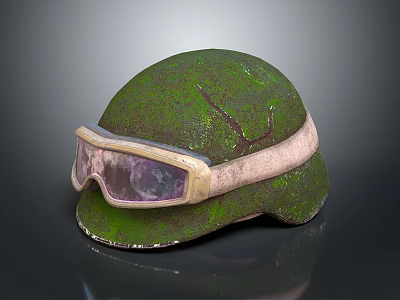 Green Moss Covered Helmet With Attached Goggles Worn And Cracked Design 3d model