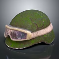 Green Moss Covered Helmet With Attached Goggles Worn And Cracked Design