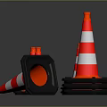 Red And White Striped Traffic Cones With Black Bases On