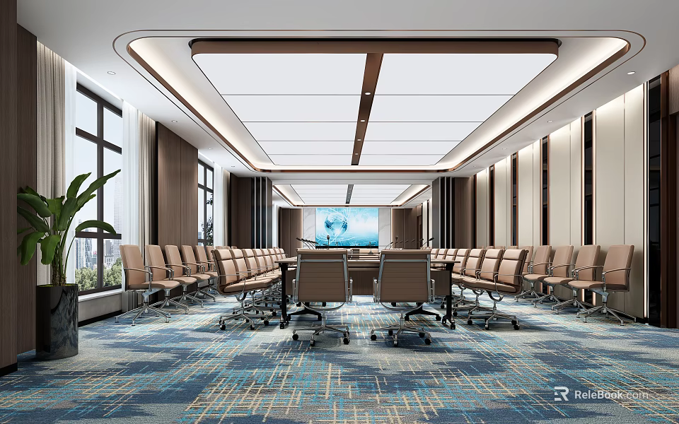 Modern Conference Room with Long Meeting Table Large Screen Projector Comfortable Chairs and Ceiling Lighting 3d model 