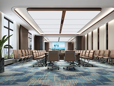 Modern Conference Room with Long Meeting Table Large Screen Projector Comfortable Chairs and Ceiling Lighting 3d model