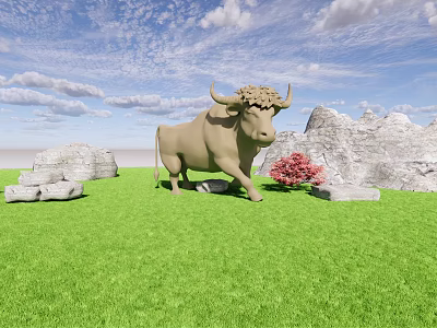 Reptile Sculpture Displayed On Lush Green Grass With Rocks Red Flowers Under Blue Sky 3d model