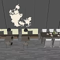 Dining Table Set with Chairs Sofa and White Pattern Wall on Gray Wooden Floor
