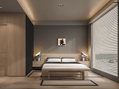 Modern Bedroom Interior with Wooden Bed Nightstands Table Lamps and Window Blinds 3d model