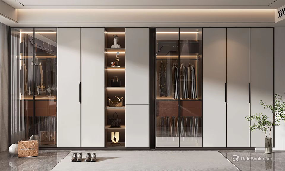 Modern Wardrobe Interior Design With Glass Doors Storage Shelves And Hanging Rods 3d model 