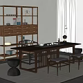 Modern Chinese Style Dark Wooden Tea Table And Chairs With Bookshelf Plant And Window