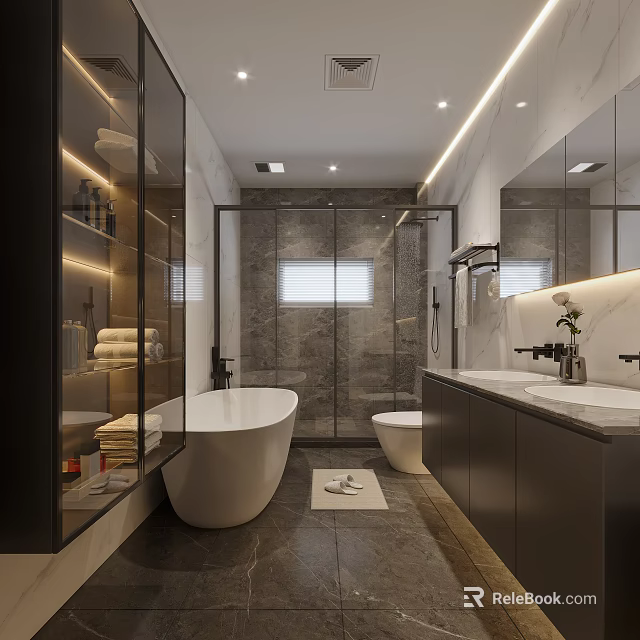 Modern Luxury Bathroom Interior With Freestanding Bathtub Double Sink Vanity And Glass Shower Enclosure 3d model 