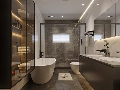 Modern Luxury Bathroom Interior With Freestanding Bathtub Double Sink Vanity And Glass Shower Enclosure 3d model