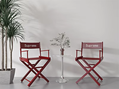 Red Supreme Director Chairs With Clear Glass Round Table And Potted Palm Plant 3d model