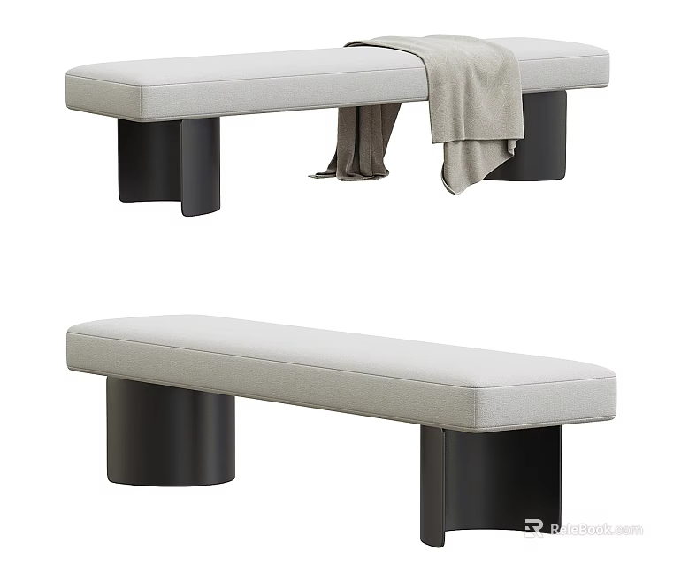 Modern Light Upholstered Sofa Bench With Black Legs And Throw Blanket 3d model 