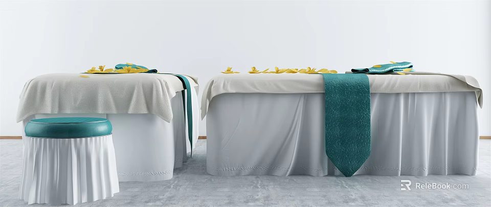 Comfortable Spa Massage Bed With White Sheets Green Towel And Yellow Petals 3d model 