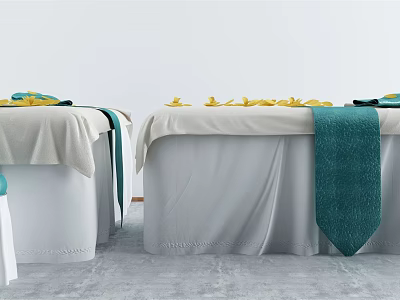 Comfortable Spa Massage Bed With White Sheets Green Towel And Yellow Petals 3d model