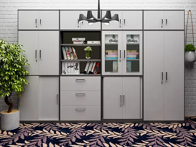 Modern Gray Bookcase With Glass Doors Books And Leaf Pattern Rug 3d model