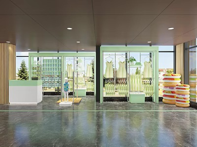 Modern Clothing Store Interior With Glass Display Windows Dresses And Polished Floor 3d model