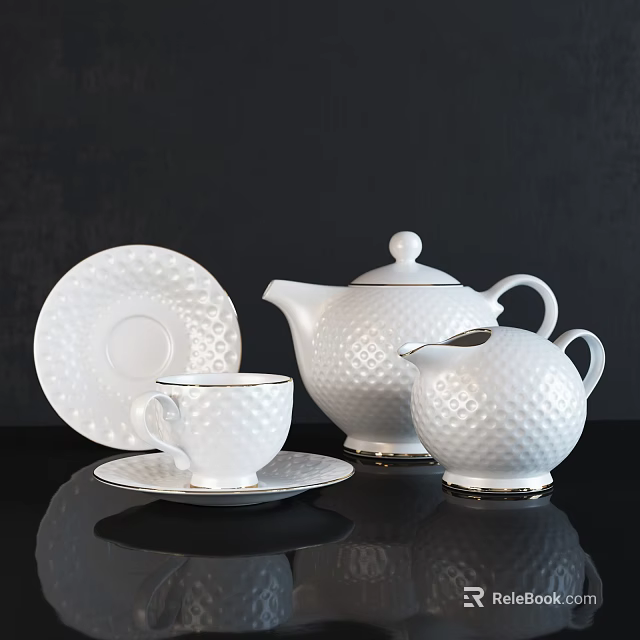 Elegant White Ceramic Tea Set With Diamond Pattern Teapot Teacup Saucer And Cream Pitcher 3d model 