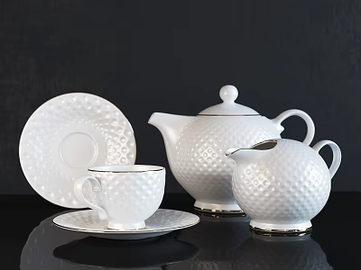 Elegant White Ceramic Tea Set With Diamond Pattern Teapot Teacup Saucer And Cream Pitcher 3d model