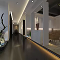 Modern Public Office Space With Curved Ceiling White Pillars And Rock Fountain
