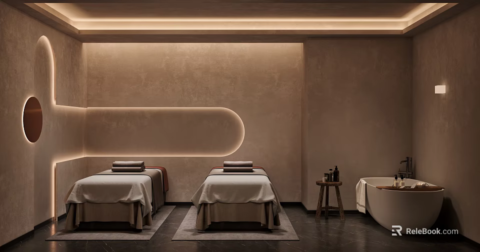 Serene SPA Sauna Interior With Massage Beds Light Sheets Bathtub Soft Lighting And Light Walls 3d model