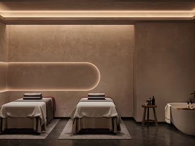 Serene SPA Sauna Interior With Massage Beds Light Sheets Bathtub Soft Lighting And Light Walls 3d model