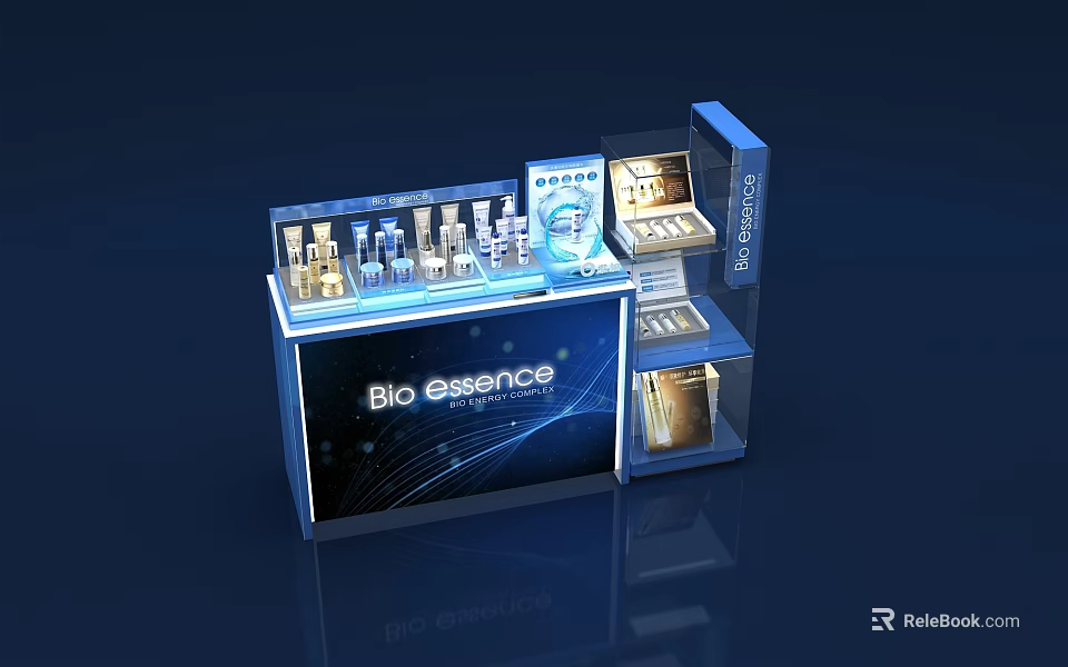 Bio Essence Cosmetic Display Counter With Illuminated Shelves And Product Arrangement 3d model 