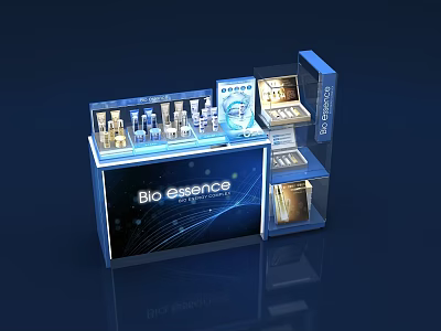 Bio Essence Cosmetic Display Counter With Illuminated Shelves And Product Arrangement 3d model