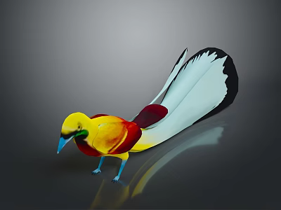 Vibrant Flying Bird With Yellow Head Green Neck Red Body White Black Tail Blue Beak 3d model
