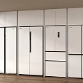Modern White Refrigerators Freezers Arranged In Contemporary Kitchen Interior With Wooden Floor