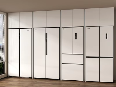 Modern White Refrigerators Freezers Arranged In Contemporary Kitchen Interior With Wooden Floor 3d model