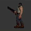 Long Black Haired Muscular Character Holding Large Gun In White Tank Top And Ripped Jeans