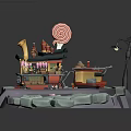 Cartoon Candy Shop Scene With Lollipop Street Lamp And Red Car