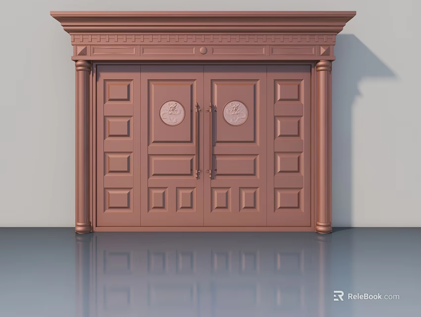 Brown Double Swing Door with Decorative Panels Circular Motifs and Carved Frame 3d model 