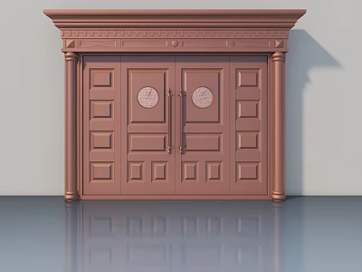 Brown Double Swing Door with Decorative Panels Circular Motifs and Carved Frame 3d model