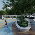 Park Landscape With Lush Trees White Buildings Circular Plazas And Paths