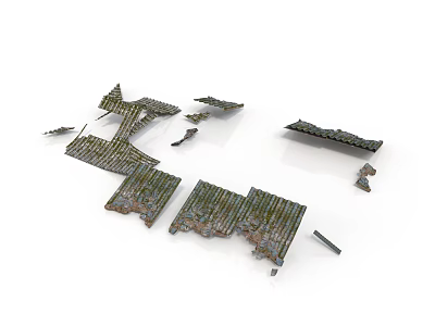 Rusted Damaged Metal Structure Parts With Green Moss Scattered On White Background 3d model