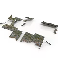 Rusted Damaged Metal Structure Parts With Green Moss Scattered On White Background