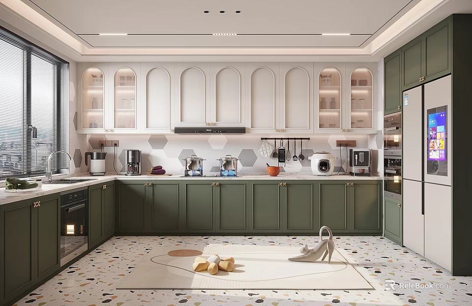 Modern Kitchen Interior With Dark Green Cabinets White Arched Cabinets Appliances And Patterned Floor Tiles 3d model 