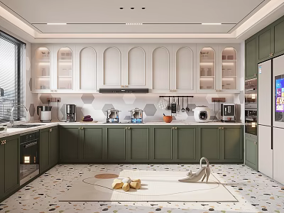 Modern Kitchen Interior With Dark Green Cabinets White Arched Cabinets Appliances And Patterned Floor Tiles 3d model
