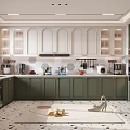 Modern Kitchen Interior With Dark Green Cabinets White Arched Cabinets Appliances And Patterned Floor Tiles