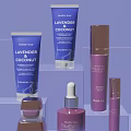 Lavender Coconut And Timeless Skincare Products With Purple Gold Packaging Displayed On Lavender Background Stands