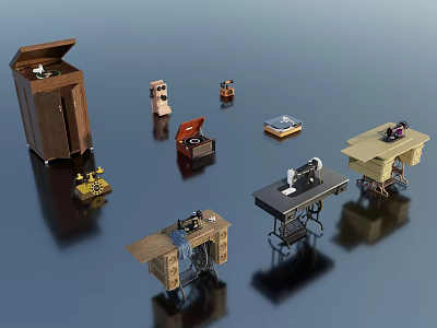 Vintage Furniture And Retro Appliances Collection With Wardrobe Sewing Machine Gramophone And Desk 3d model