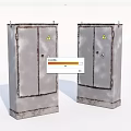 Industrial Electrical Enclosures with Double Doors Rusty Metal Construction and Yellow Warning Labels