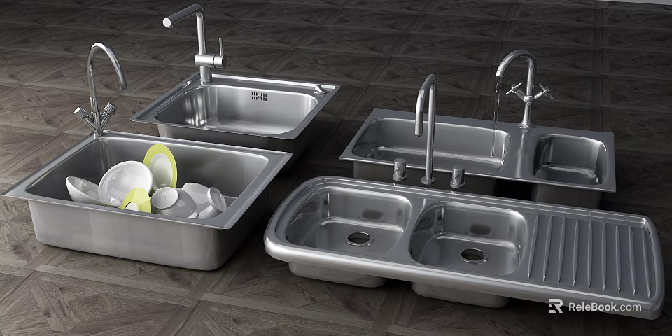 Stainless Steel Kitchen Sinks with Single and Double Bowl Designs for Modern Kitchens 3d model 