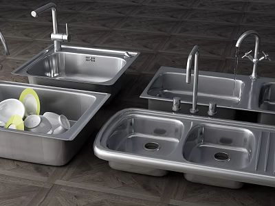 Stainless Steel Kitchen Sinks with Single and Double Bowl Designs for Modern Kitchens 3d model