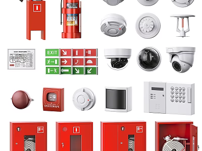Essential Fire Safety Equipment Including Extinguishers Smoke Detectors Exit Signs Alarm Bells And Cabinets 3d model