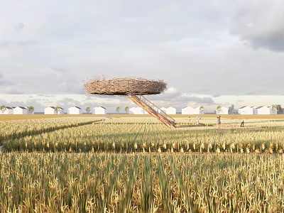 Nest Shaped Observation Deck Over Vast Wheat Field With Ladder Access And Distant White Houses 3d model