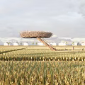 Nest Shaped Observation Deck Over Vast Wheat Field With Ladder Access And Distant White Houses