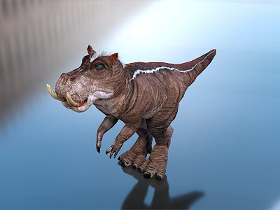 Realistic Brown Reptile Dinosaur Model With White Stripes Sharp Teeth Standing On Glossy Surface 3d model