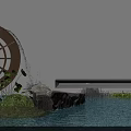 Garden Ornament with Wooden Water Wheel Flowing Water Stones Green Plants and Small Water Pool